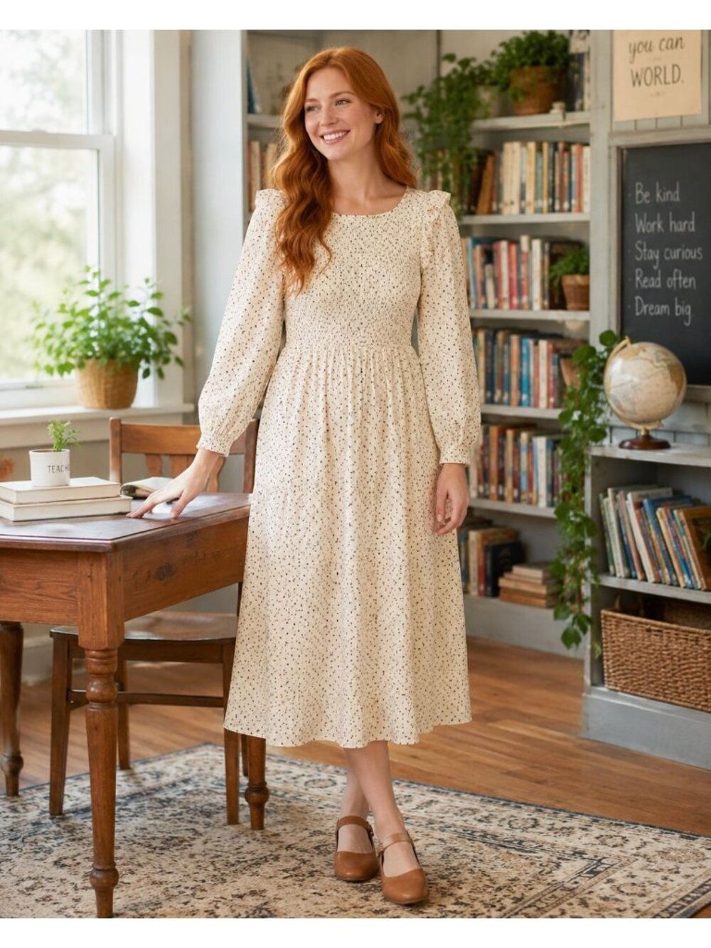 Madewell Smocked Ruffle Shoulder Midi Dress Ink Brush Dots Cream Size L